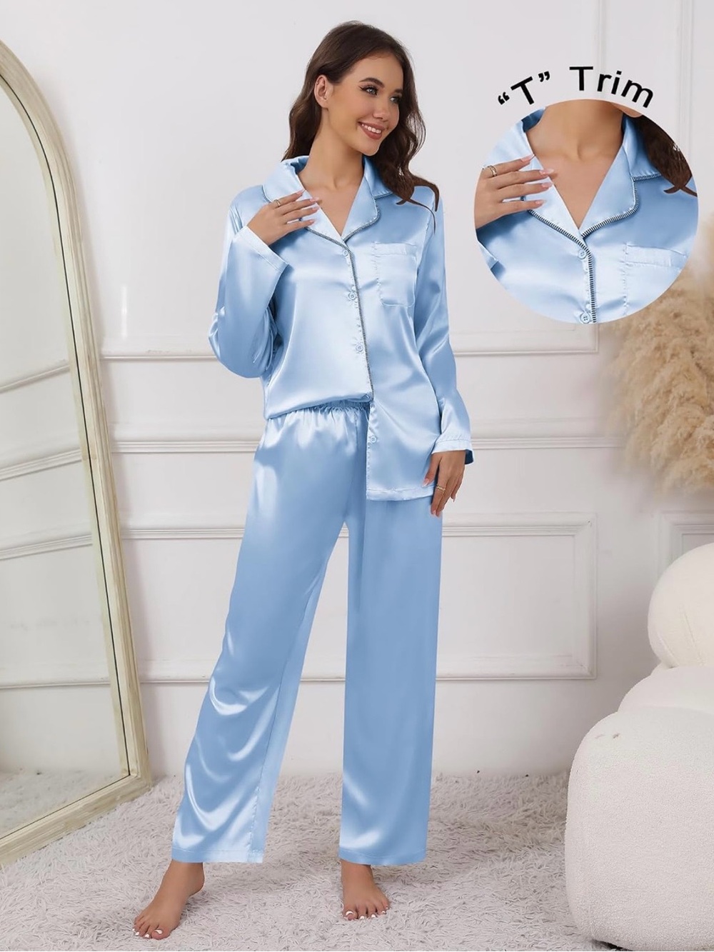 Light Blue Satin Pajama Set XL | Button Front Long Sleeve Sleepwear